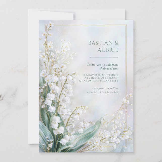 Ethereal Pastel Lily Valley Gold Frame Wedding Einladung (Vorderseite)