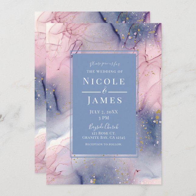 Ethereal Periwinkle Pink Gold Inky Fantasy Wedding Einladung (Vorne/Hinten)