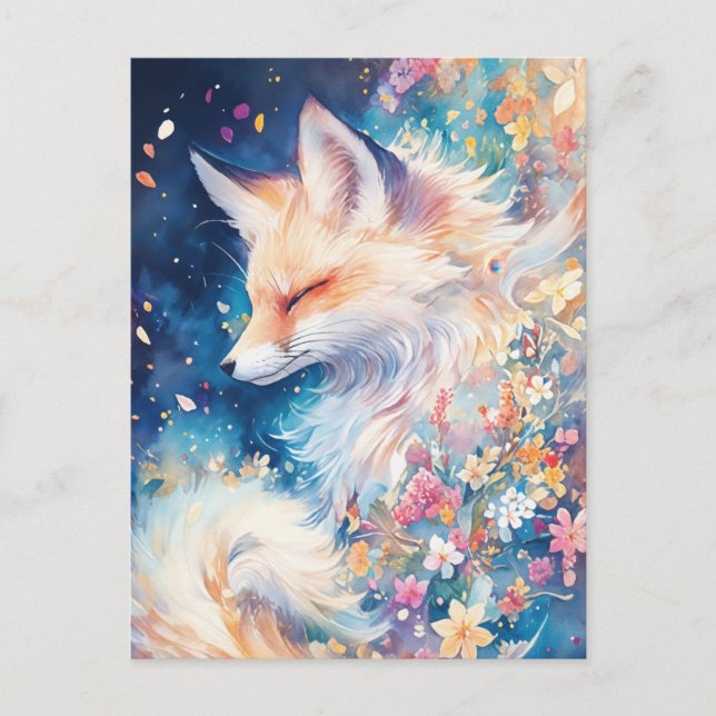 Ethereal Red Fox in Blue Floral Night Postkarte (Vorderseite)