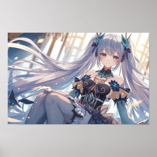 Ethereal Silver-Haired Anime Princess Fantasy Illu Poster (Vorne)