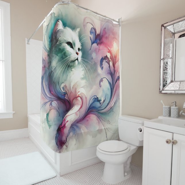 Ethereal Watercolor Cat Duschvorhang (Beispiel)