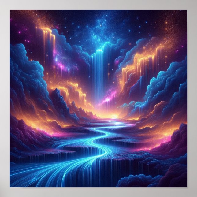 Ethereal Waterfalls Blending with a Starry Horizon Poster (Vorne)