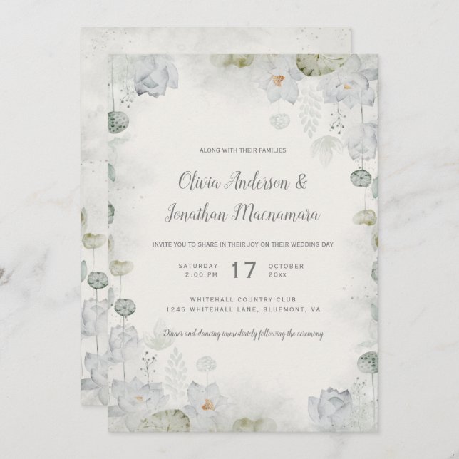 Ethereal Weißblütenstuck Grün Aquamarin Elfenbein Einladung (Vorne/Hinten)