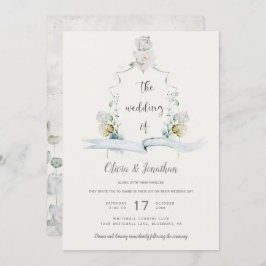 Ethereal Weiße Blumenstube Grünes Wappen Hochzeit Einladung