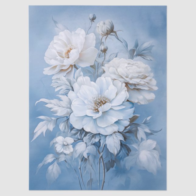 Ethereal White & Blue Floral Bouquet Decoupage Seidenpapier (Vorderseite)