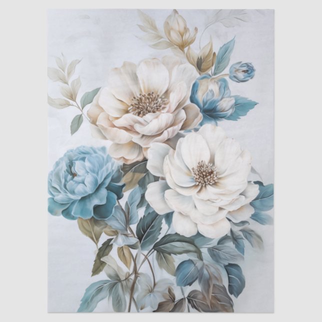 Ethereal White & Blue Floral Bouquet Decoupage Seidenpapier (Vorderseite)