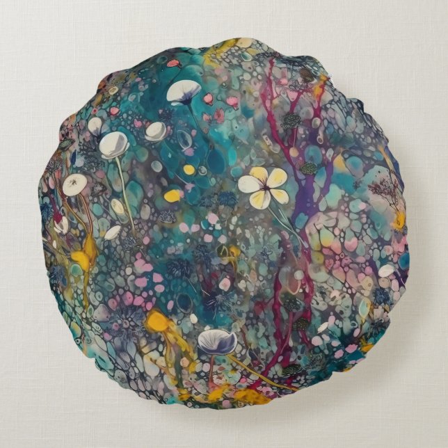 Ethereal Wildblume Träume Abstraktes Kunstdesign Rundes Kissen (Rückseite)