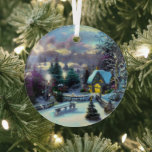 Ethereal Winterszene Kinkade Inspiriert Ornament Aus Glas<br><div class="desc">Die von Thomas Kinkade inspirierte Winterszene strahlt und reflektiert Ihre Lichter und ergänzt Ihren Weihnachtsbaum und die Erholung Ihrer Zuhause. Schöne,  intensive Farben.</div>