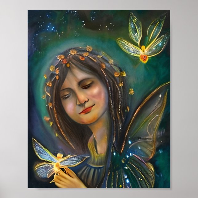 Ethereal Woman Holding Gold Fairylike Butterflies Poster (Vorne)