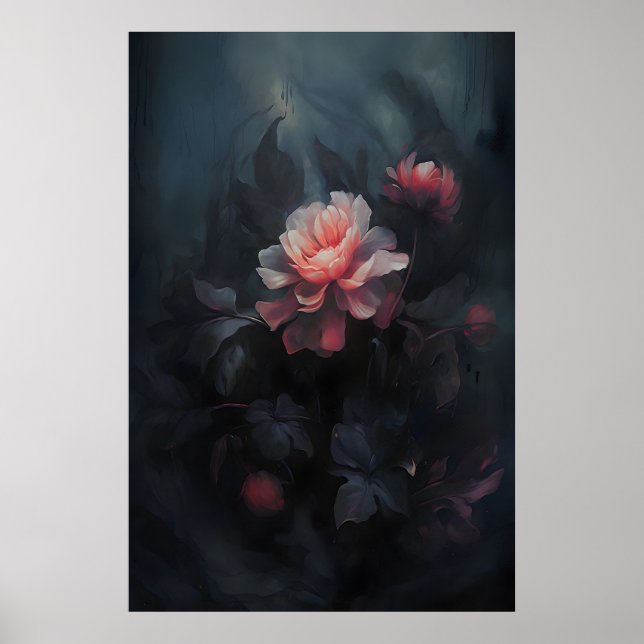 Ethereale Blumen Dunkle Botanische Kunst, Dunkel Poster (Vorne)