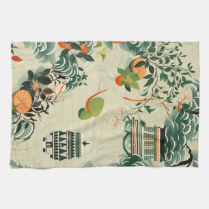 Ethereales Orangenmuster mit Zen-Tempeln Geschirrtuch