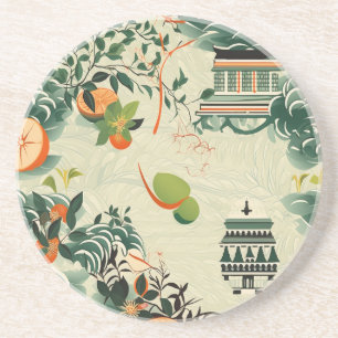 Ethereales Orangenmuster mit Zen-Tempeln Getränkeuntersetzer