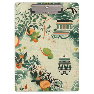 Ethereales Orangenmuster mit Zen-Tempeln Klemmbrett