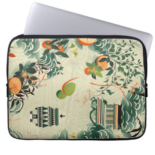 Ethereales Orangenmuster mit Zen-Tempeln Laptopschutzhülle