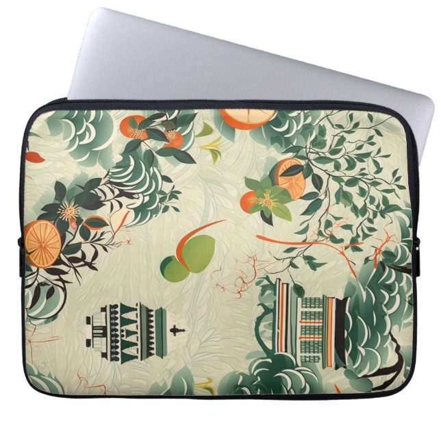 Ethereales Orangenmuster mit Zen-Tempeln Laptopschutzhülle (Vorderseite)