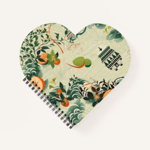 Ethereales Orangenmuster mit Zen-Tempeln Notizbuch