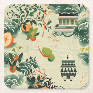 Ethereales Orangenmuster mit Zen-Tempeln Rechteckiger Pappuntersetzer