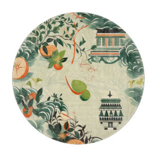 Ethereales Orangenmuster mit Zen-Tempeln Schneidebrett