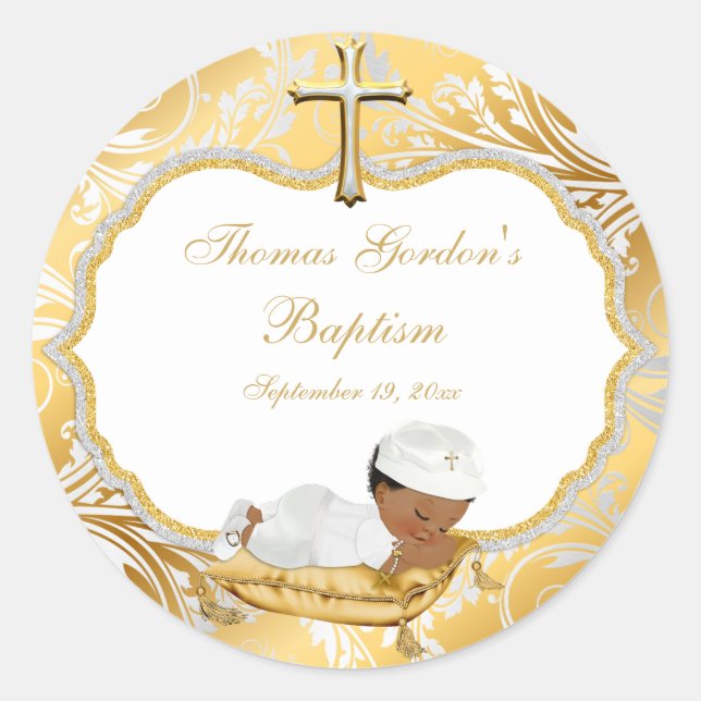 Ethnic Baby Boy Baptisc Gold Cross Runder Aufkleber (Vorderseite)