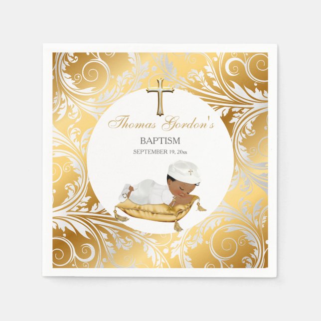 Ethnic Baby Boy Christening Taufe Gold Silver Serviette (Vorderseite)