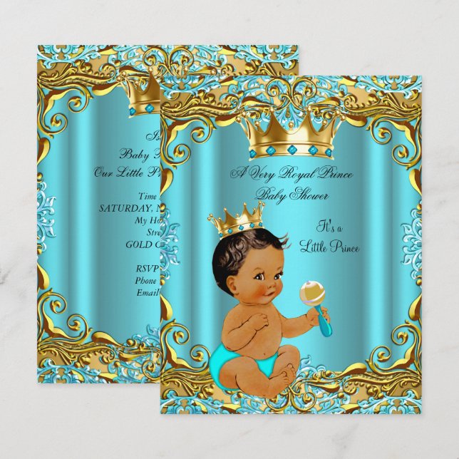 Ethnic Baby Dusche Prince Gold Aquamarin Aqua Einladung (Vorne/Hinten)