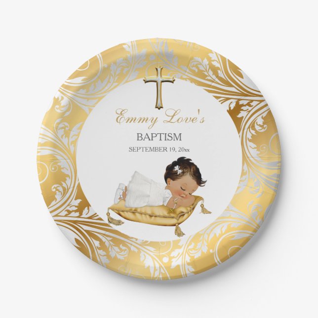 Ethnic Baby Girl Christening Taufe Gold Silver Pappteller (Vorderseite)