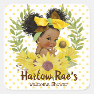 Ethnic Baby Girl Gelbe Sonnenblumendusche Quadratischer Aufkleber