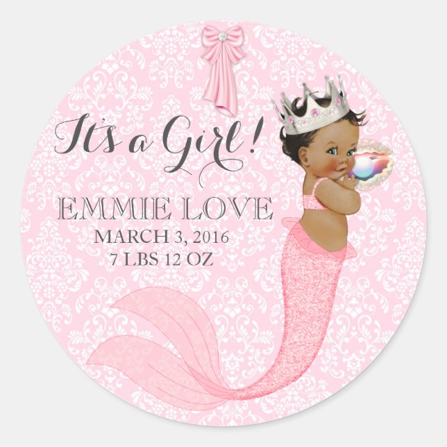 Ethnic Baby Girl Mermaid Princess Crown Runder Aufkleber (Vorderseite)