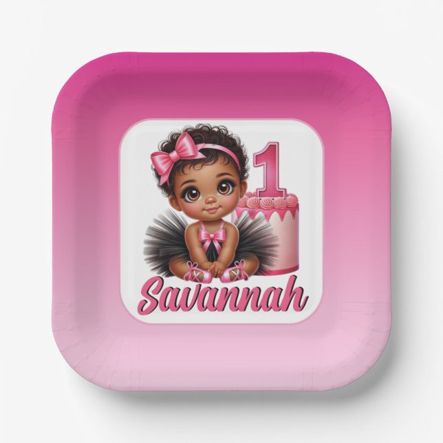 Ethnic Baby Girl Pink & Black Tutu 1st Birthday Pappteller (Vorderseite)