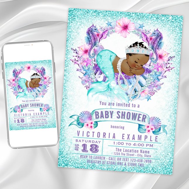 Ethnic Baby Mermaid Baby Shower Einladung (Adorable mermaid baby shower invitation. Instant download and printed invitations available.)