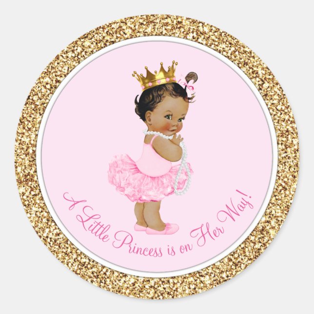 Ethnic Ballerina Princess Pink Gold Baby Dusche Runder Aufkleber (Vorderseite)