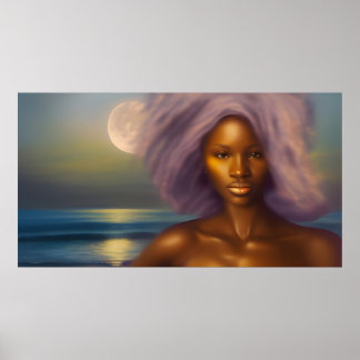 Ethnic Beautiful Woman Beach Moonlight Ozean Poster