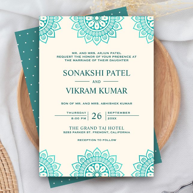 Ethnic Beige and Teal Mandala Indian Wedding Einladung (Von Creator hochgeladen)