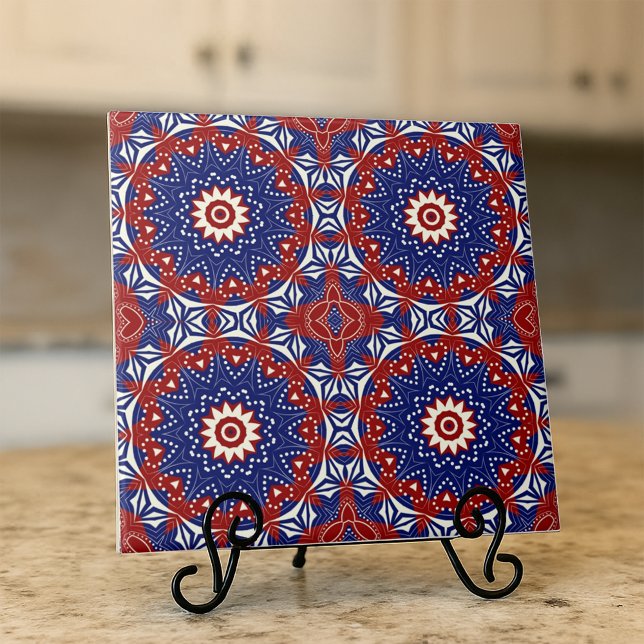 Ethnic Blue Red White Mosaic Geometric Muster Fliese (Von Creator hochgeladen)