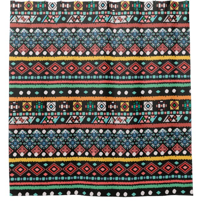 Ethnic Boho: Geometrische Pixel Print Duschvorhang (Vorderseite)
