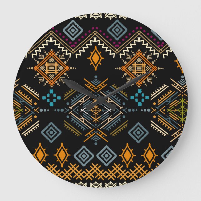 Ethnic Boho Ornament Nahtloses Muster Große Wanduhr (Vorderseite)