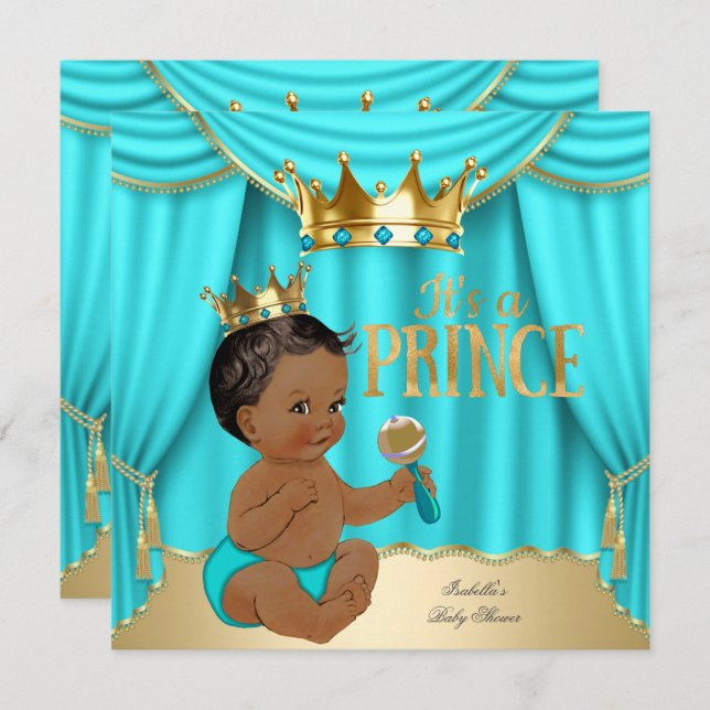 Ethnic Boy Baby Dusche Prince Aqua Blue Gold Crown Einladung (Vorne/Hinten)