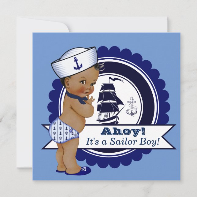 Ethnic Boy Blue Nautical Baby Dusche Einladung (Vorderseite)
