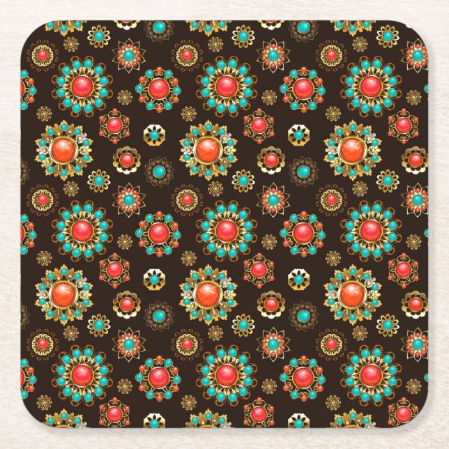 Ethnic Brooches Nahtloses Muster Rechteckiger Pappuntersetzer (Vorderseite)