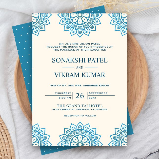 Ethnic Cream und Blue Mandala Indian Wedding Einladung (Von Creator hochgeladen)