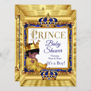 Ethnic Dark Golden Prince Baby Dusche Blue Gold Einladung
