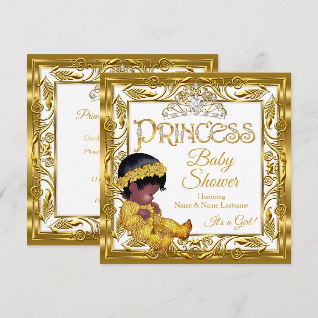 Ethnic Dark Golden Princess Baby Dusche Gold White Einladung (Vorne/Hinten)