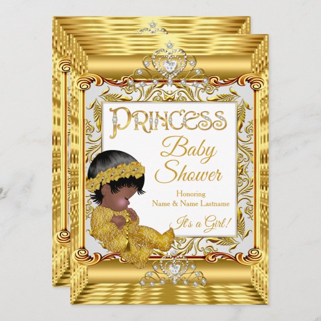 Ethnic Dark Golden Princess Girl Baby Dusche Gold Einladung (Vorne/Hinten)
