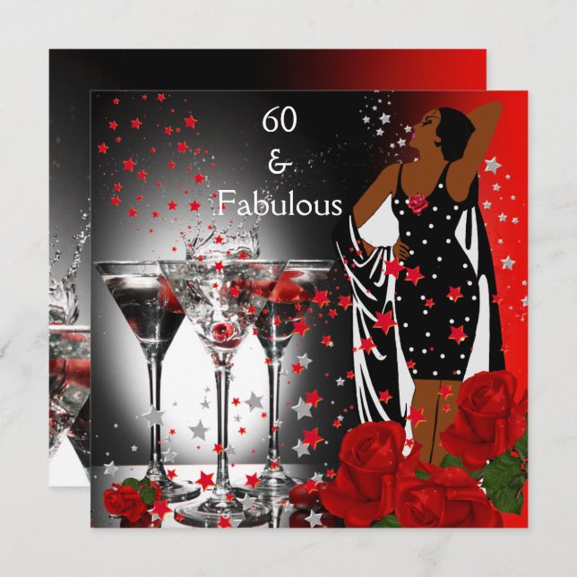 Ethnic Fabulous 60. Geburtstag Rote Rosen Martini Einladung (Vorne/Hinten)