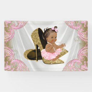 Ethnic Girl Gold High Heel Shoel Baby Dusche Banner