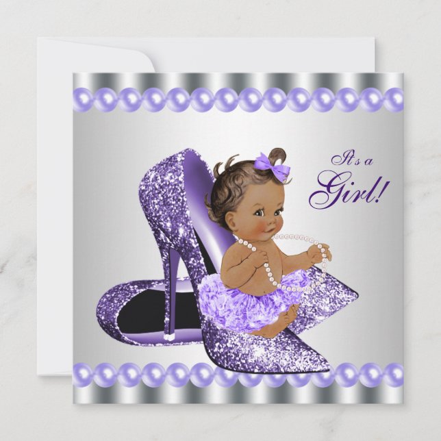 Ethnic Girl Lila Gray High Heel Shoel Baby Showdus Einladung (Vorderseite)