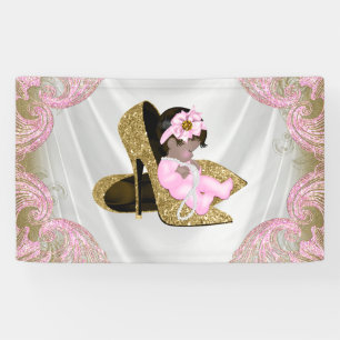Ethnic Girl Pink Gold High Heel Shoe Baby Dusche Banner