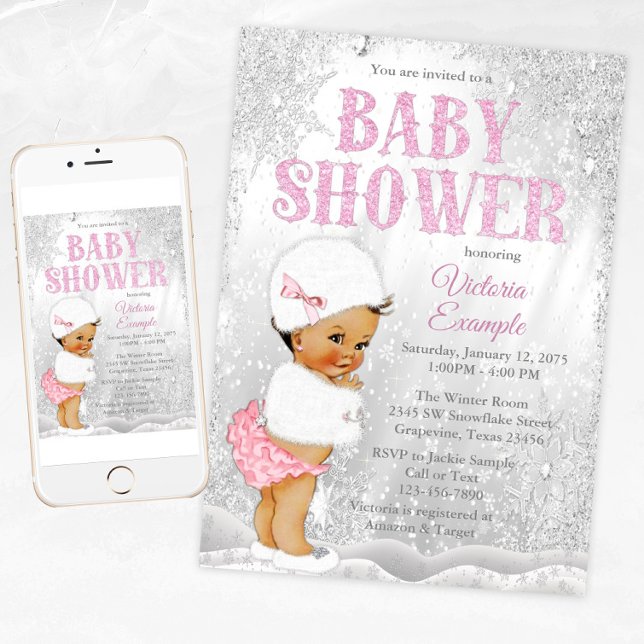 Ethnic Girl Winter Wonderland Baby Dusche Einladung (Snowflake baby shower invitation with cute baby girl on a silver snowflake background.)