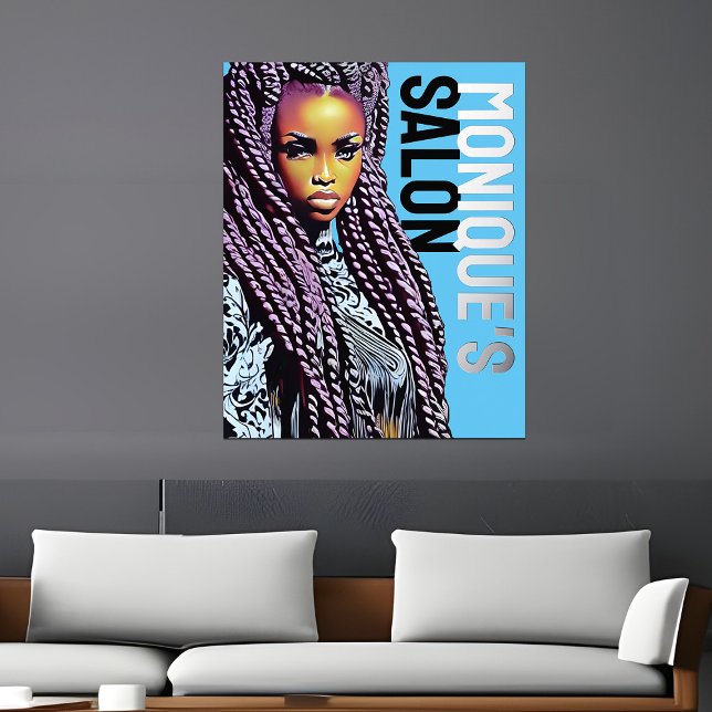 Ethnic Hair Salon Wall Sign, Long Braids Silver Foliendrucke (Ethnic hair salon business poster with metallic foil accent)
