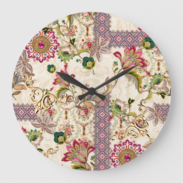 Ethnic Mughal Floral Paisley Große Wanduhr (Vorderseite)